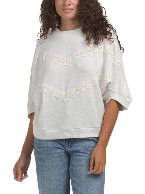 Democracy Sweaters - DEMOCRACY Three-quarter Sleeve Mock Neck Sweater With Crochet Stripes